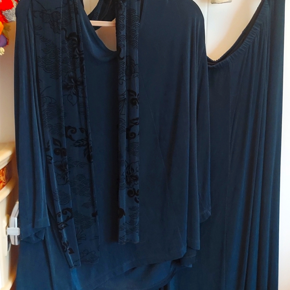 A 3 piece outfit,skirt,top and scarf.,it is a dark turquoise color.A heavier out